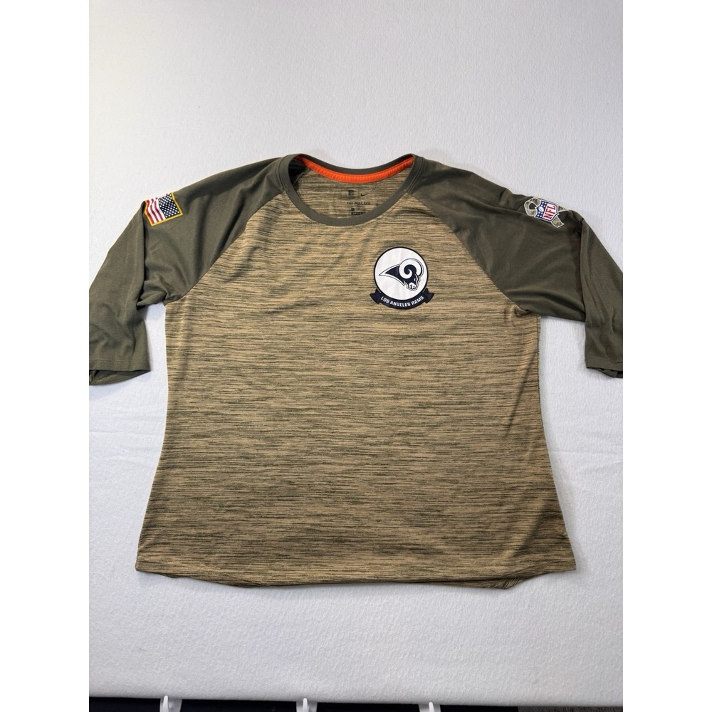 Nike Dri-FIT Mens 3/4 Sleeve Shirt LA Rams NFL Green Military American Flag EUC